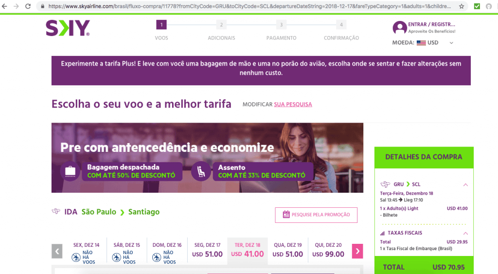 Pesquisa por passagens no site da Sky Airline